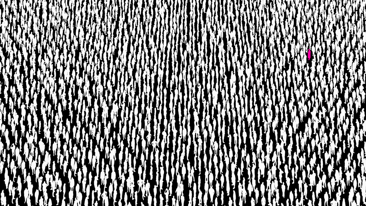 A sea of black and white figures with one single pink figure standing out